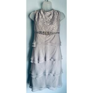 Jessica Howard Petite 14P Gray Lace Tiered Chiffon Beaded Cocktail Dress